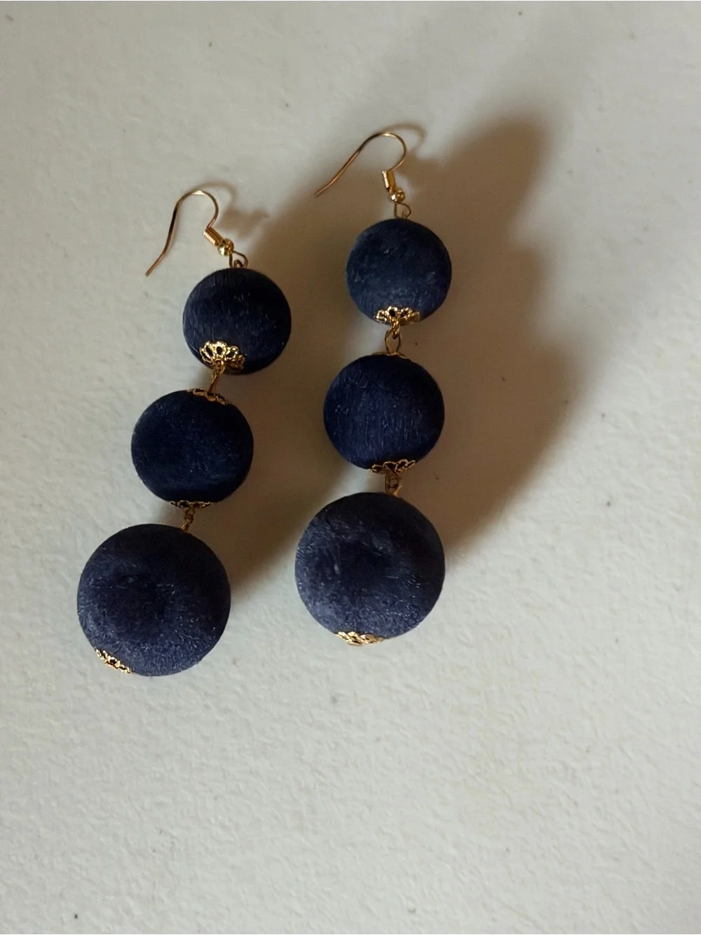 Velvet Navy Blue Ball Drop Dangle Earrings - Navy Blue